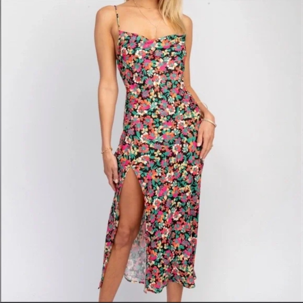 RESA Pink and Red Slit Midi Dress Spaghetti Strap